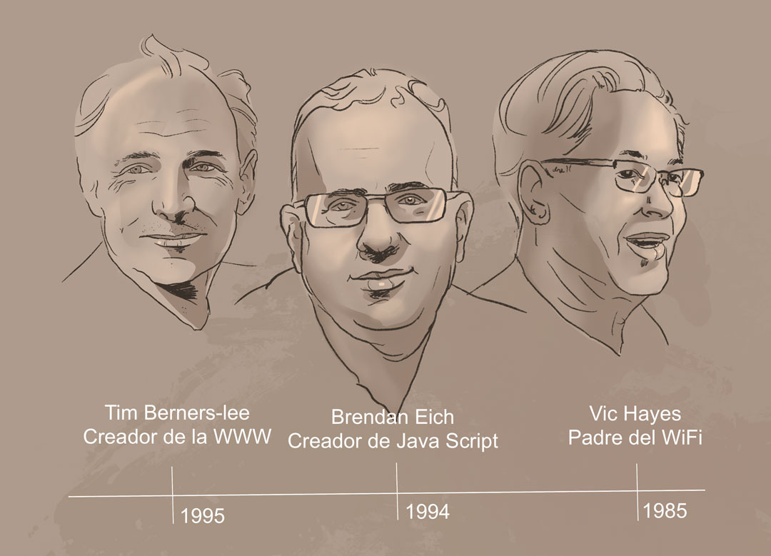 retrato de Tim Berners Lee, Brendan Eich y Vic Hayes